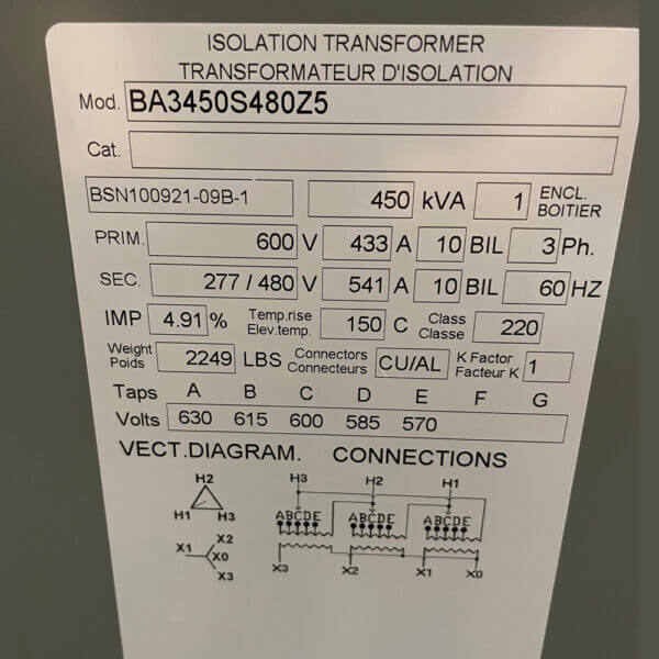 450KVA 600-480V 3PH C1 DRY TRANSFORMER - NEW SURPLUS - SIB Electric Inc