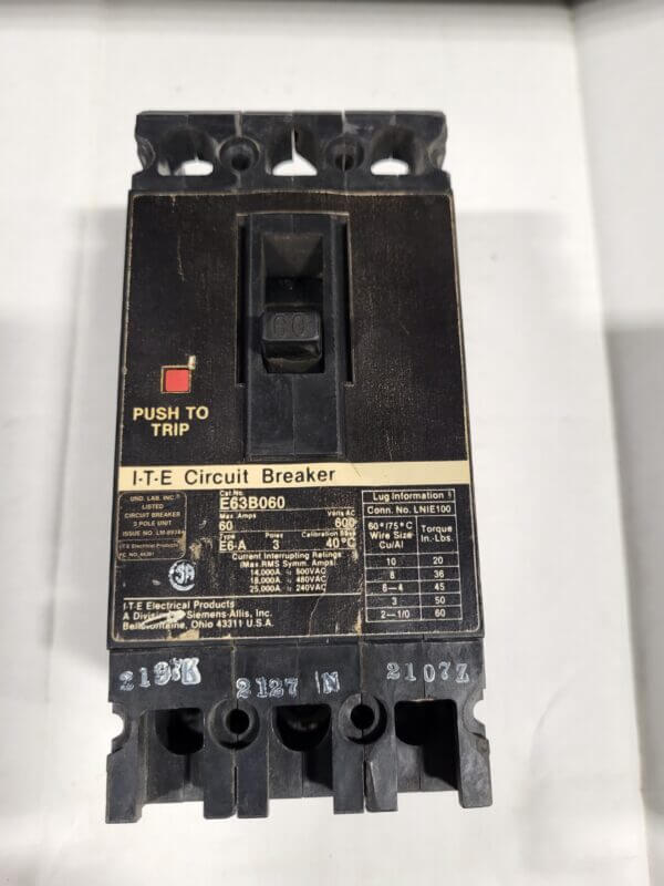 BREAKER 60A 600V 3P ITE - Used - TESTED