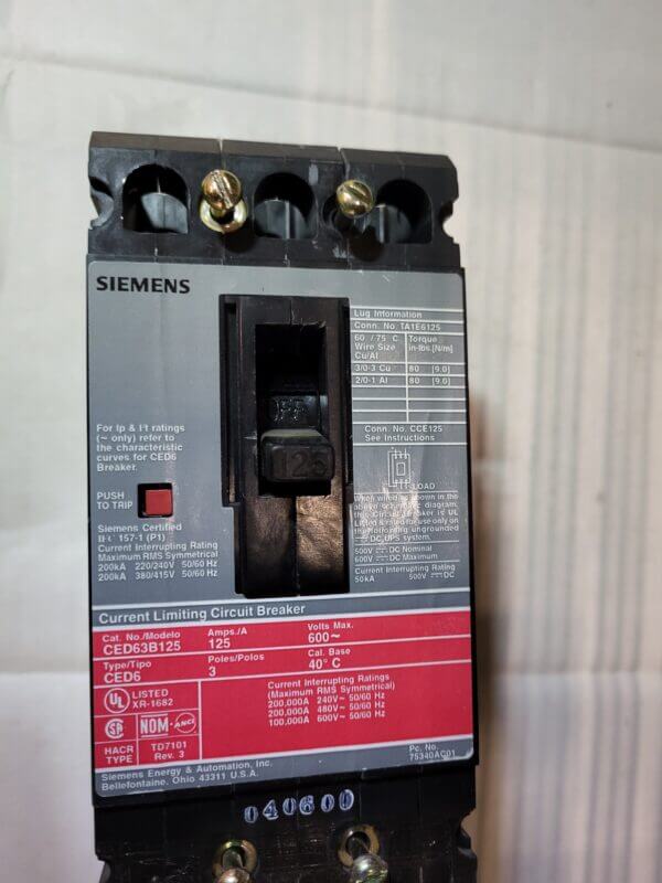 BREAKER 125A 600V 3P SIEMENS TRIPAC - Used - TESTED - Image 2