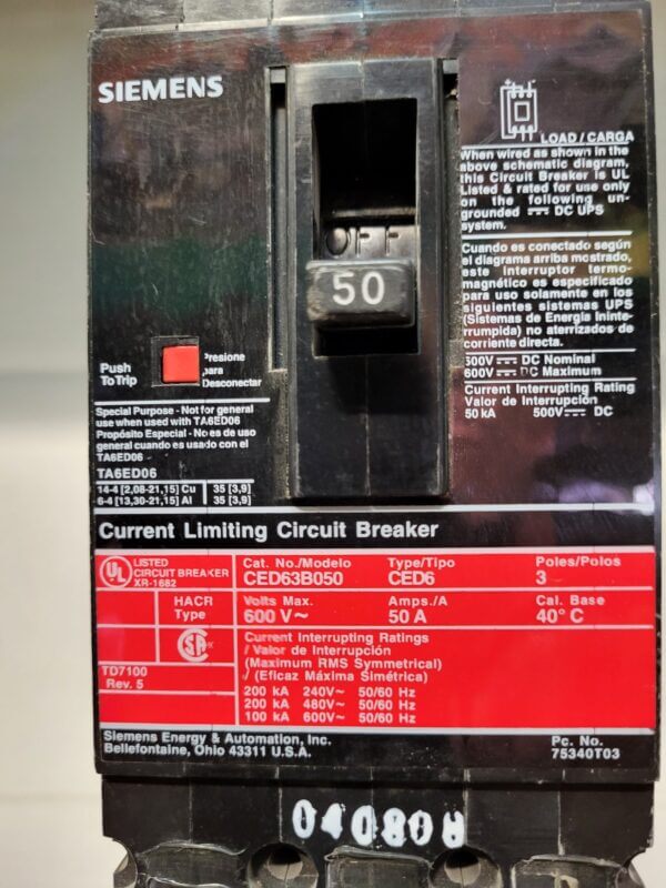 BREAKER 50A 600V 3P SIEMENS TRIPAC - Used - TESTED - Image 3