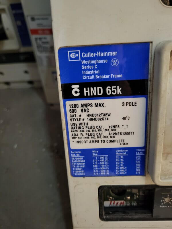 BREAKER 1200A 600V 3PL C.H. - Used - TESTED - Image 2