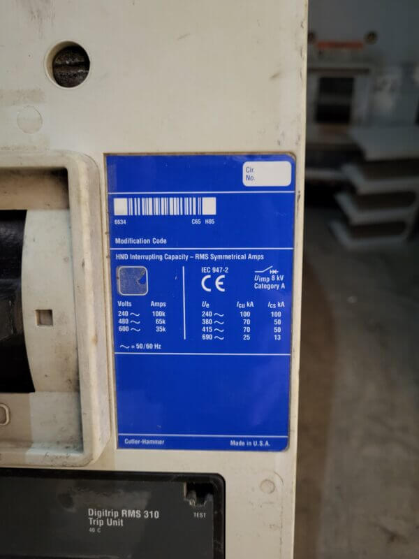 BREAKER 1200A 600V 3PL C.H. - Used - TESTED - Image 3