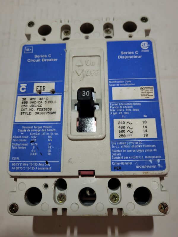 BREAKER 30A 600V 3P CUTLER HAMMER - Used - TESTED